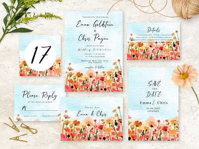 Watercolor Red and Peach Wildflower Wedding Invitation illustration template watercolor wedding wildflower