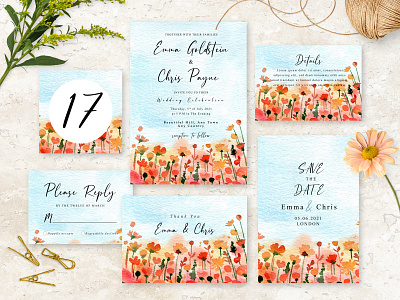 Watercolor Red and Peach Wildflower Wedding Invitation