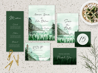 Watercolor Green Forest Winter Wedding Invitation forest invitation pine template watercolor wedding winter