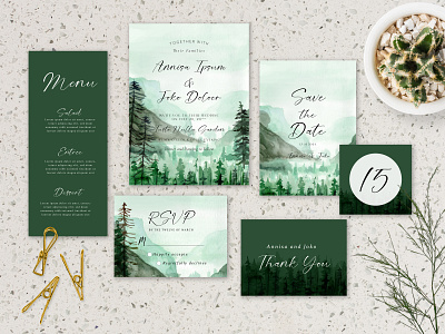 Watercolor Green Forest Winter Wedding Invitation