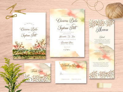 Watercolor wedding invitation of Abstract and Dried Branches design illustration invitation layout template watercolor wedding
