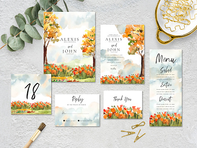 Watercolor Autumn Trees Landscape Wedding Invitation design illustration invitation layout template watercolor wedding