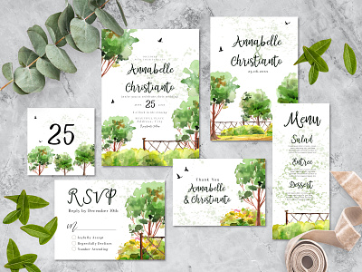 Watercolor Wedding Invitation of Green Trees and Birds illustration invitation layout template watercolor wedding