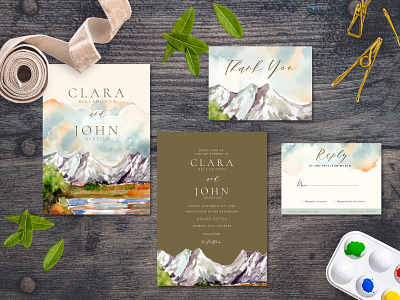 Watercolor Landscape Mountain and lake wedding invitation