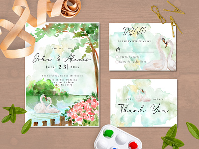 Watercolor Swan Lake Wedding Invitation design illustration invitation layout watercolor wedding