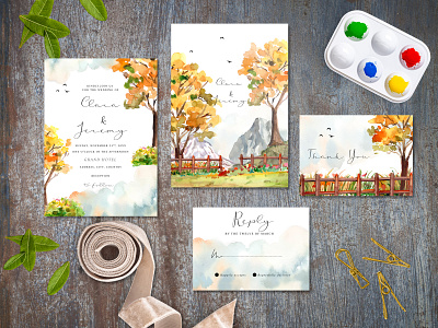 Watercolor Yellow Autumn Trees and Mountain Wedding Invitation