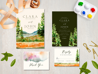 Watercolor Greeny Pine Trees Wedding Invitation design illustration invitation layout template watercolor wedding