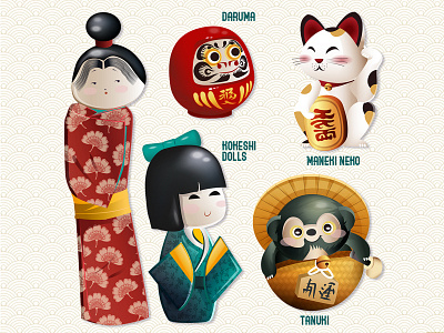 Character Design - Japan character design daruma game ios japan kokeshi maneki neko tanuki vector