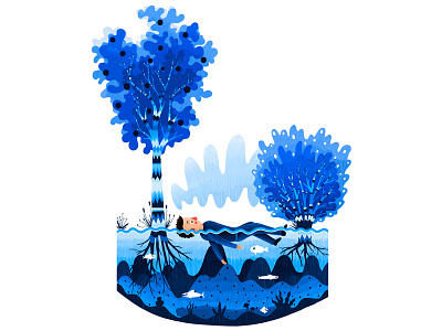 Sinks andrew lebedinsky cg character color illustration landscape trees water