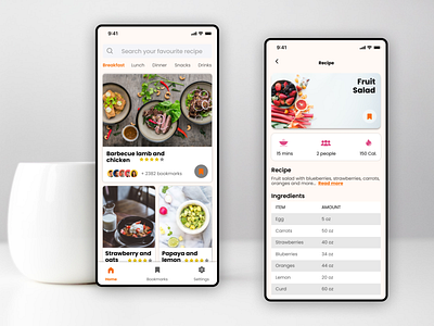 Recipe application bookmark cards favourite food ios app design minimal design orange ratings recipe search ui design ux design visual design