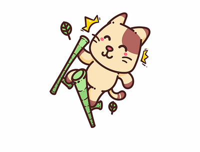 Happy Brown Cat play bamboo stilts cartoon fluffy