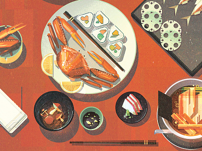 Japanese Food crab digital glitch illustration james gilleard japan japanese food miso ramen sushi vector