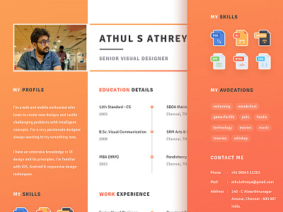Athul's Resume education experience one page profile resume skills