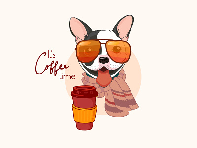 Coffee time animals art bulldog cartoon character coffee cup cute design dog french bulldog mascot vector