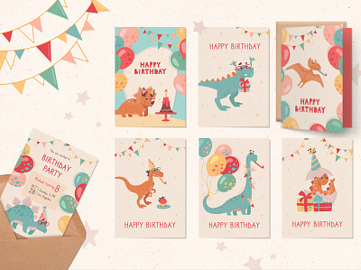 Happy Birthday Greeting Cards with Dinosaurs baby showers characters collection dinos dinosaur dinosaurs greeting cards happy birthday holiday invitation cards kids party designs