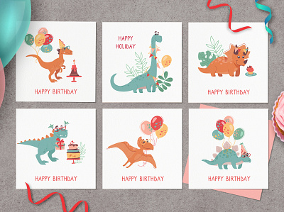 Happy Birthday Greeting Cards with Dinosaurs animals art baby cartoon character cute design dino dinosaur graphic design illustration kids vector