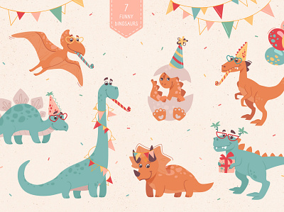 Dinosaurs. Birthday Party animals art cartoon character cute design dino dinosaur vector
