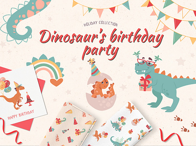 Dinosaurs. Birthday Party animals art baby cartoon character cute design dino dinosaur flat funny happy holiday illustration kids vector