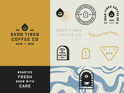 Dead Tired Coffee - Extended Marks brand coffee crest drop eye gold identity lockup lockups logo logotype mark pattern swirls