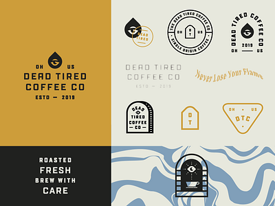 Dead Tired Coffee - Extended Marks brand coffee crest drop eye gold identity lockup lockups logo logotype mark pattern swirls