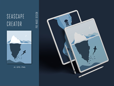 Seascape Creator Kit affinity designer animal branding design digital illustration logo minimal mountain ocean sea shark vector