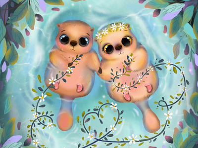 Cute otters. Children illustration. animal character cute digital family illustration kids otter story illustration