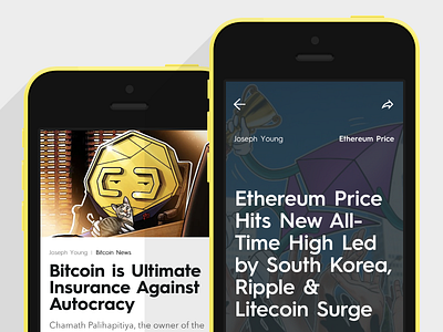 Feed and Article screens for CoinTelegraph App app article bitcoin blockchain feed flat icon ios mobile news ui ux