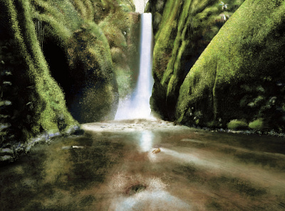 Waterfall 2d digital environment grass green krita painting stones water waterfall