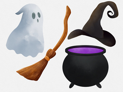 Halloween element in watercolor broom cartoon cauldron design digital drawing digital painting digital watercolor drawing ghost halloween illustration painting pumpkin spooky trick or treat watercolor witch witch hat