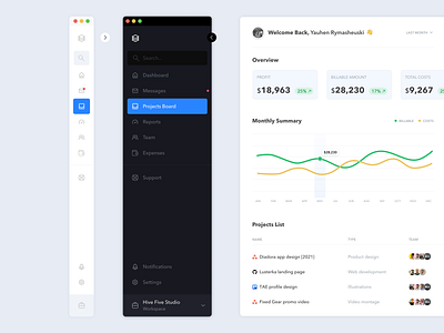 Sidebar menu and projects dashboard concept