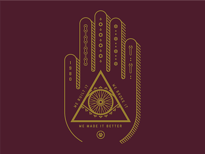Talk to the hand 1980 bontrager cycling eye gold hand illuminati illustration maroon wheel