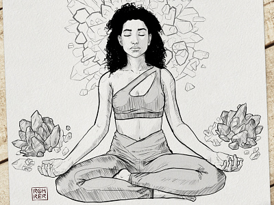 Yoga Girl with Crystals art art print black and white drawing illustration ink lineart meditation sketch sketches