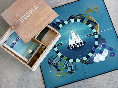 Utopia art direction board game design game illustration packaging print wood