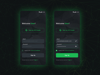 Daily UI Challenge - Day #001 (Sign up) app black blackgreen challenge daily dailyui dailyuichallenge green login mobile signup terms termsandconditions ui ux