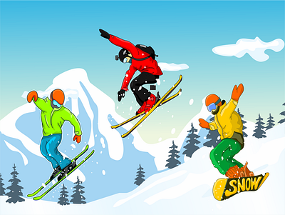 Skiing in the mountains landscape background bacground downhill illustration jump landscape ski snow snowboard