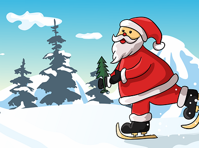 santa skiing character christmas claus illustration mountain santa ski skiing snow tree vector