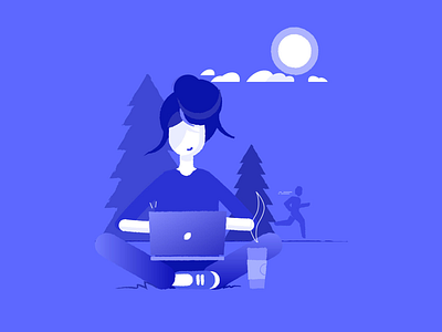 Working outside clouds coffee girl illustration laptop running tree working