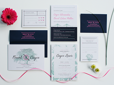 brent and cayce | collection ampersand charleston emboss invitation lettering rehearsal reply script stamp wedding