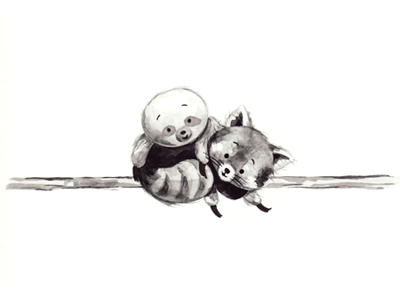 baby animal friendship baby animal graphite illustration pen and ink red panda sloth watercolor