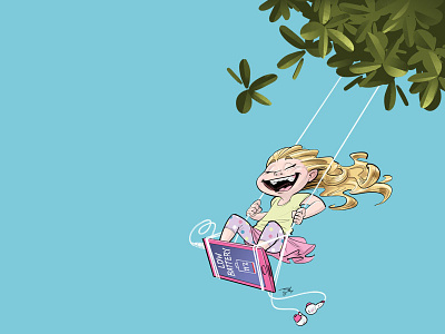 Low Battery battery cartoon digital funny girl illustration kid low sky smartphone swing tree