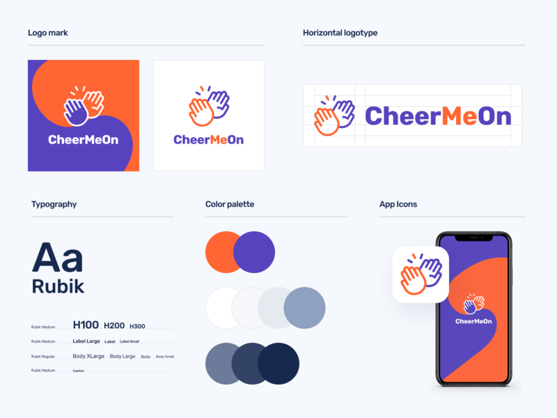 CheerMeOn Branding app app icon branding color palette logo logotype mobile app typography