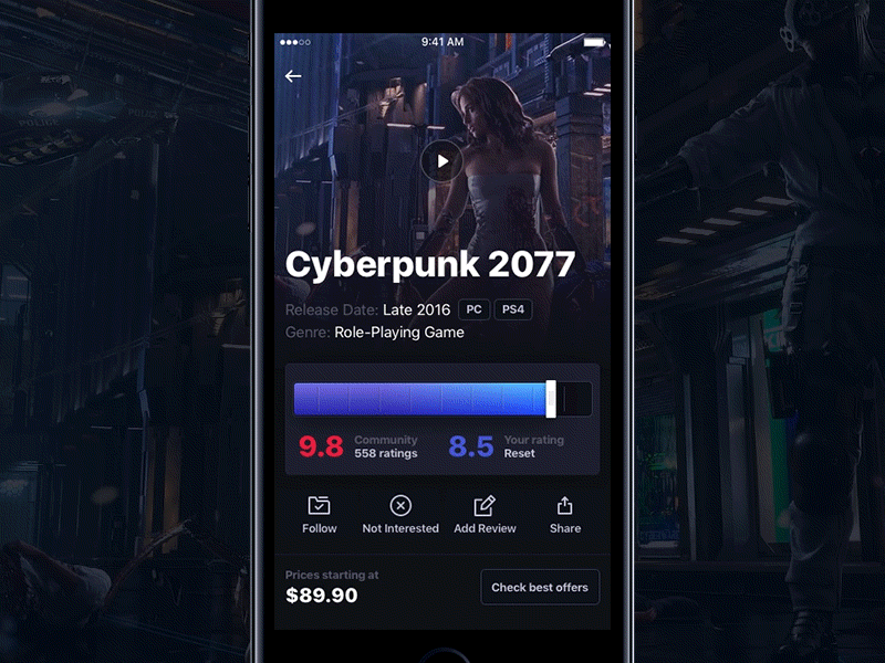 App for Players - Game details animation app cyberpunk dark game interaction mobile principle prototype sketch ui ux