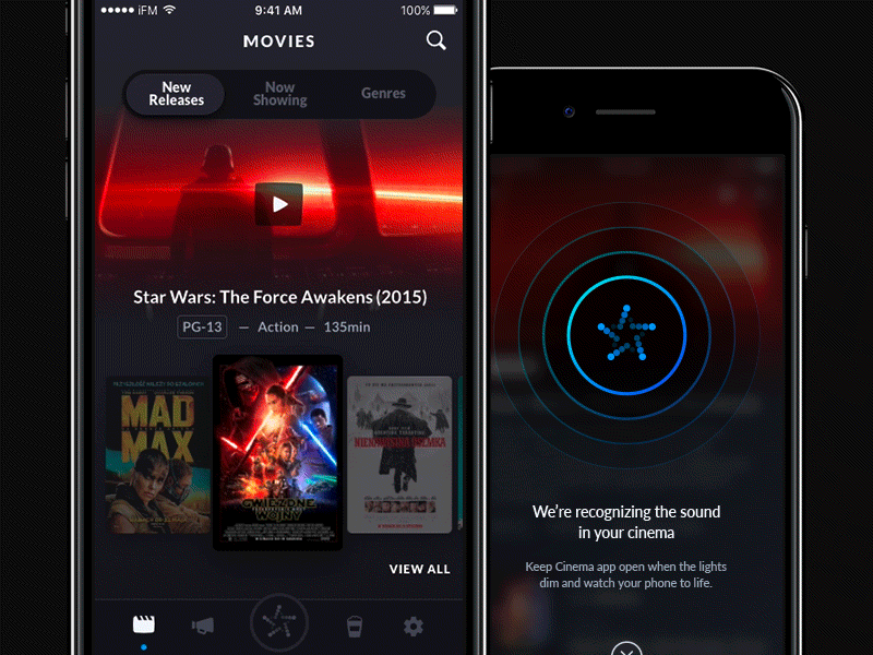 Cinema animation cinema details screen ios mobile app movies list reward sound recognition trailer ui ux visual design