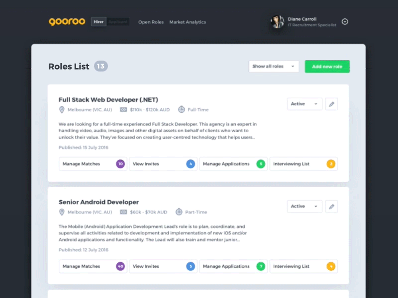 Gooroo Hirer for Recruitment Specialists admin panel career dashboard hirer interaction principle recruitment role list sketch ui ux visual design