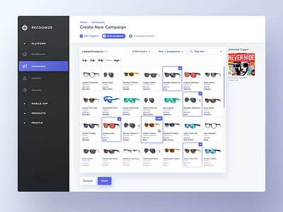 New Campaign admin panel create flow dashboard filters management system product list steps tabs ui ux visual design