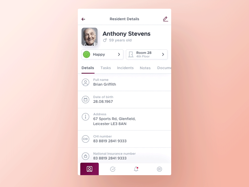 Resident Details animation interaction ios mobile app notes list principle sketch tabs task list ui user profile ux