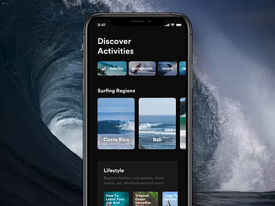 Discover extreme ios lifestyle mobile app parallax principle prototype sketch sport surfing travel ui ux