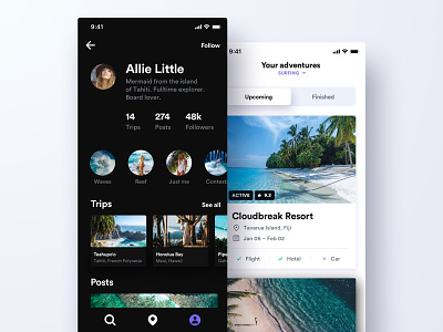 Adventures account ios list view mobile app profile sketch stats surfing travel ui ux visual design