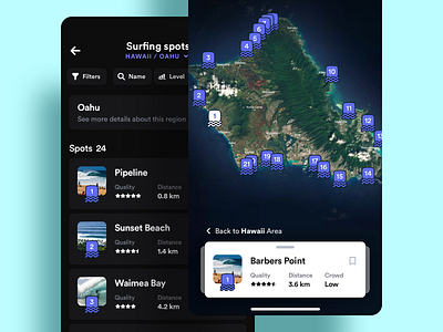 Surfing Spots Map cards filters ios list map mobile app pins spots surfing travel ui ux