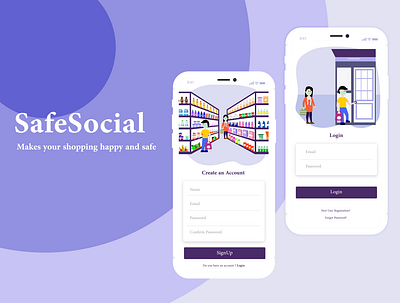 SafeSocial adobe xd app corona design fashion grocery health illustration mobile app shopping social distancing ui uidesign ux